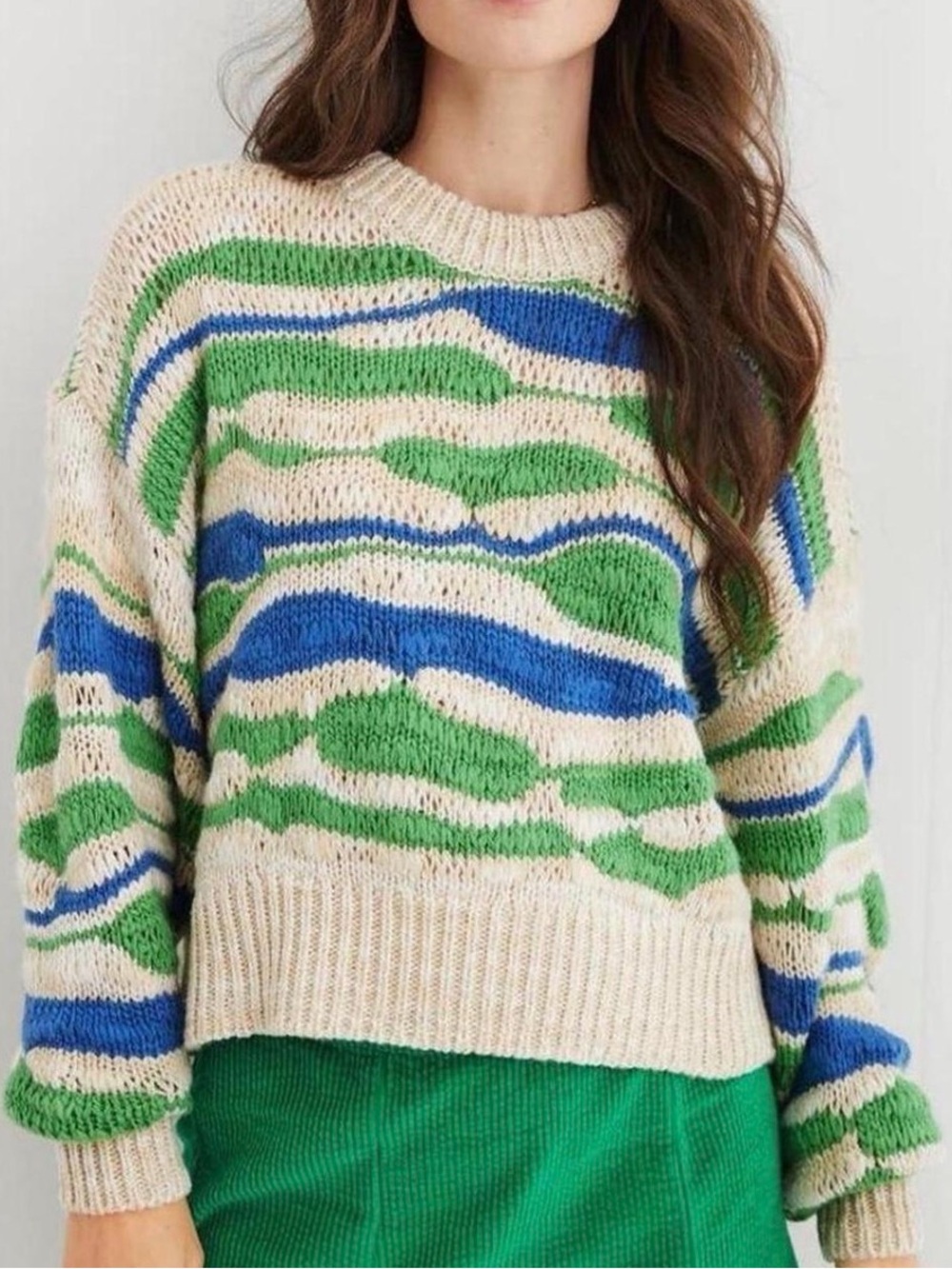 Aerie Intarsia Abstract Wool Blend Sweater Blue/Green